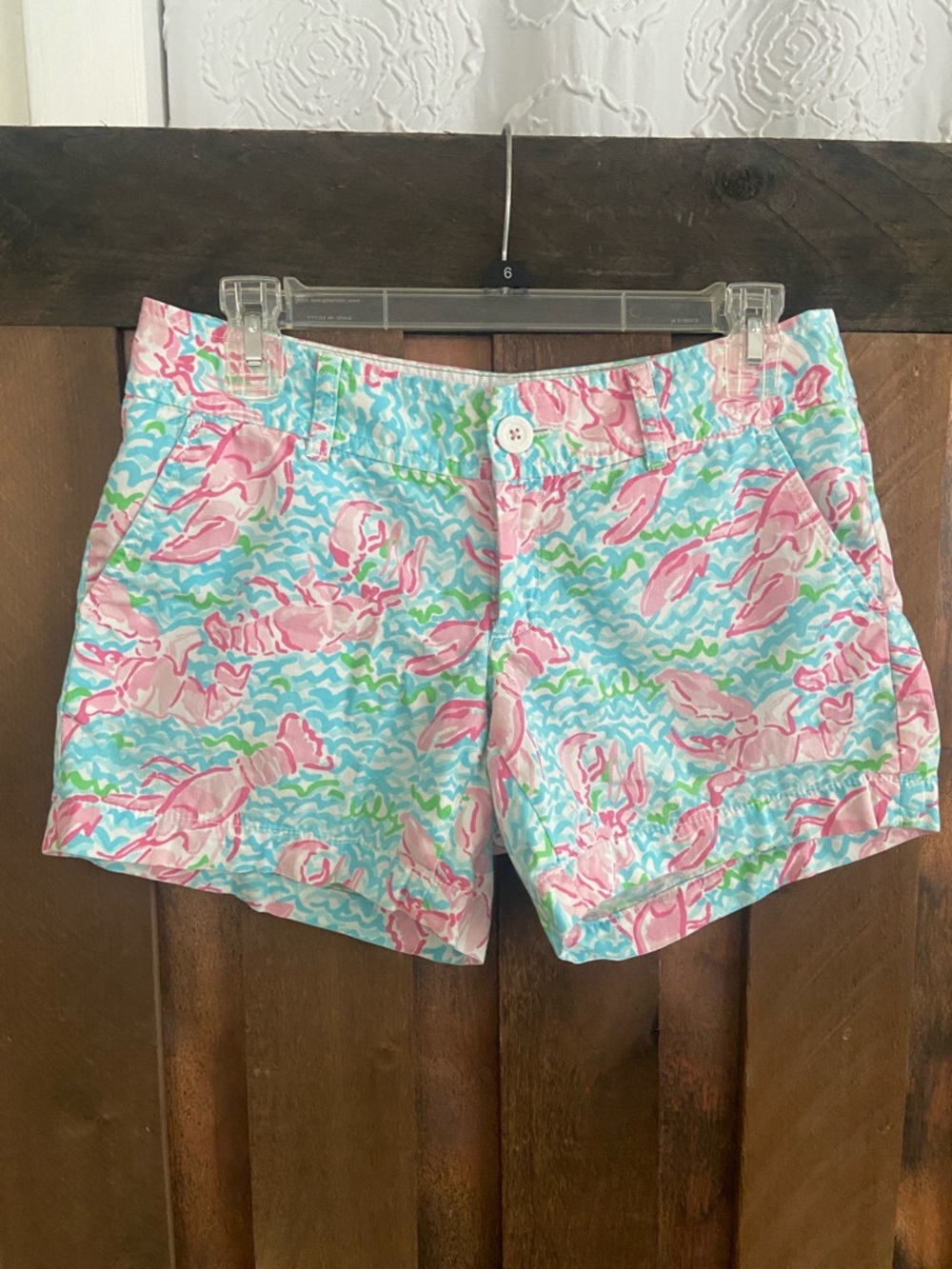Lilly Pulitzer Pink Lobster Print Cotton Shorts with Aqua and Lime